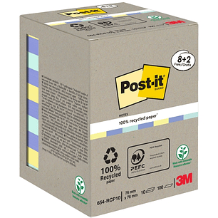 Post-It Pack de 10 Blocs de 100 Notas Adhesivas Recicladas - Forma Cuadrada - 76x76mm - Colores Surtidos