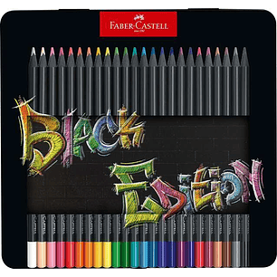 Faber-Castell Black Edition Caja Metalica de 24 Lapices de Colores - Mina Supersuave - Madera Negra - Ideales para Dibujo sobre Papel Claro, Oscuro y 