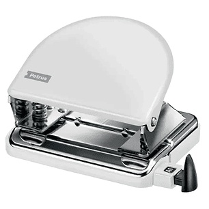 Petrus 52 WOW Taladro Perforador Clasico Metalico - Hasta 20 Hojas - Marcas de Formato - Facil Vaciado - Punzones 5.5mm - Color Blanco Metalizado