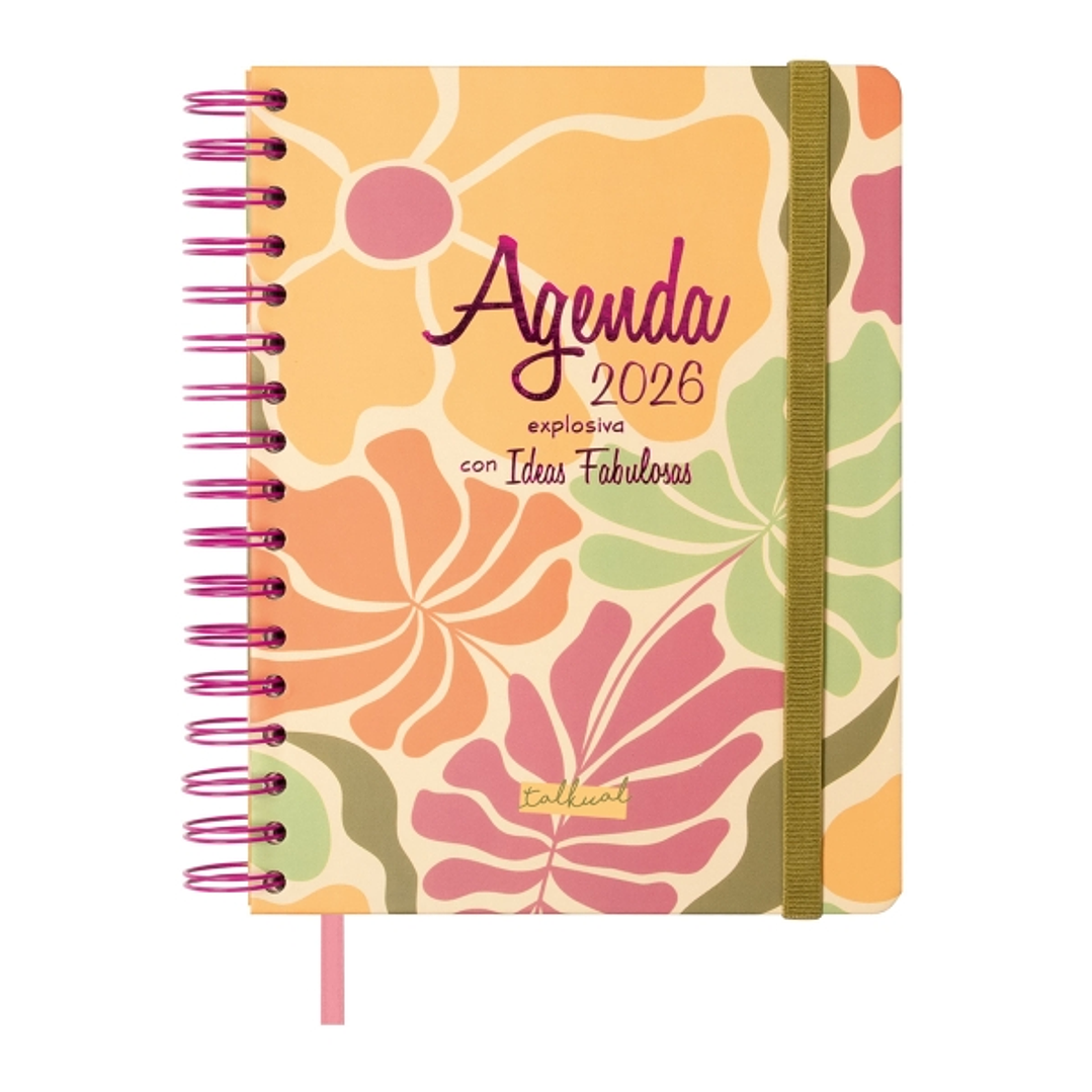 Finocam Talkual Agenda de Espiral - Anual 2026 - Tapa Dura - Cierre de Goma - Formato 1/4 - 155x217mm - Semana Vista Horizontal - Tematica de Hojas 1