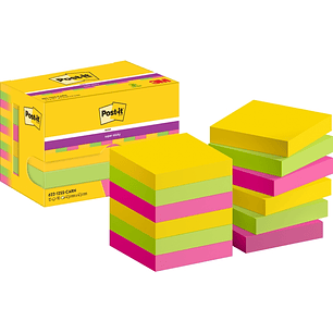 Post-It Super Sticky Pack de 12 Blocs de 90 Notas Adhesivas Reposicionables - Forma Cuadrada - 47.6x47.6mm - Colores Surtidos