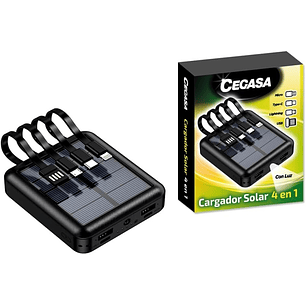 Cegasa Powerbank Solar 4 en 1 5000mAh - Salidas USB-C, Lighting, USB-A, Micro USB - Con Linterna - Color Negro