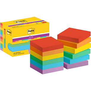 Post-It Super Sticky Pack de 12 Blocs de 90 Notas Adhesivas Reposicionables - Forma Cuadrada - 47.6x47.6mm - Colores Surtidos