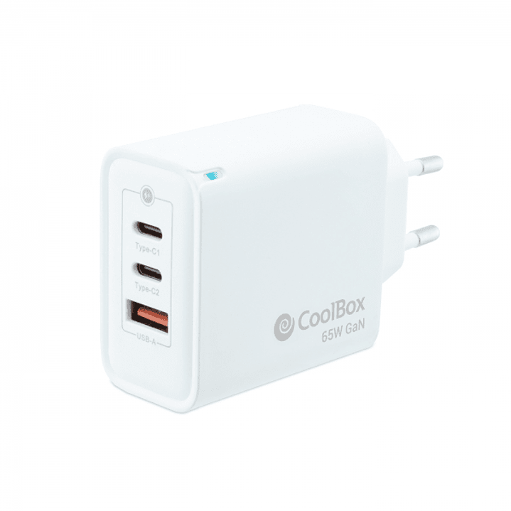 Coolbox Cargador de Pared 65W QC3.0 + PD - USB-A + 2xUSB-C - Carga Rapida - Tecnología GaN - Color Blanco 1