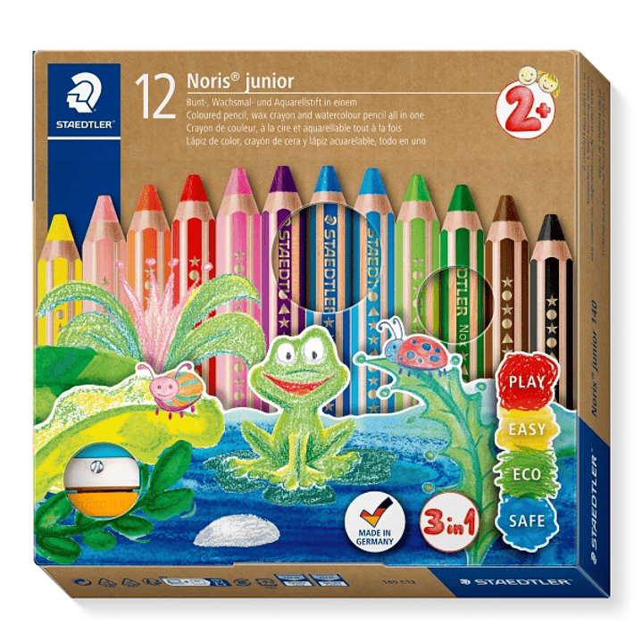 Staedtler Noris Junior Pack de 12 Lapices de Colores Extragruesos + Sacapuntas - 3 en 1, Lapiz, Cera y Acuarelable - Colores Surtidos 1