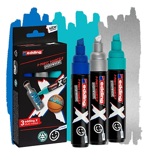 Edding X 6900 Oceano Pack de 3 Rotuladores Multisuperficie Permanentes de Tinta Opaca - Punta Biselada con Trazo 2-10mm - Color Azul, Plata y Turquesa