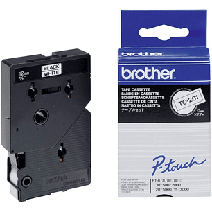 Brother TC201 Cinta Laminada Original para Rotuladora - Texto Negro sobre Fondo Blanco - Ancho 12mm x 7 metros