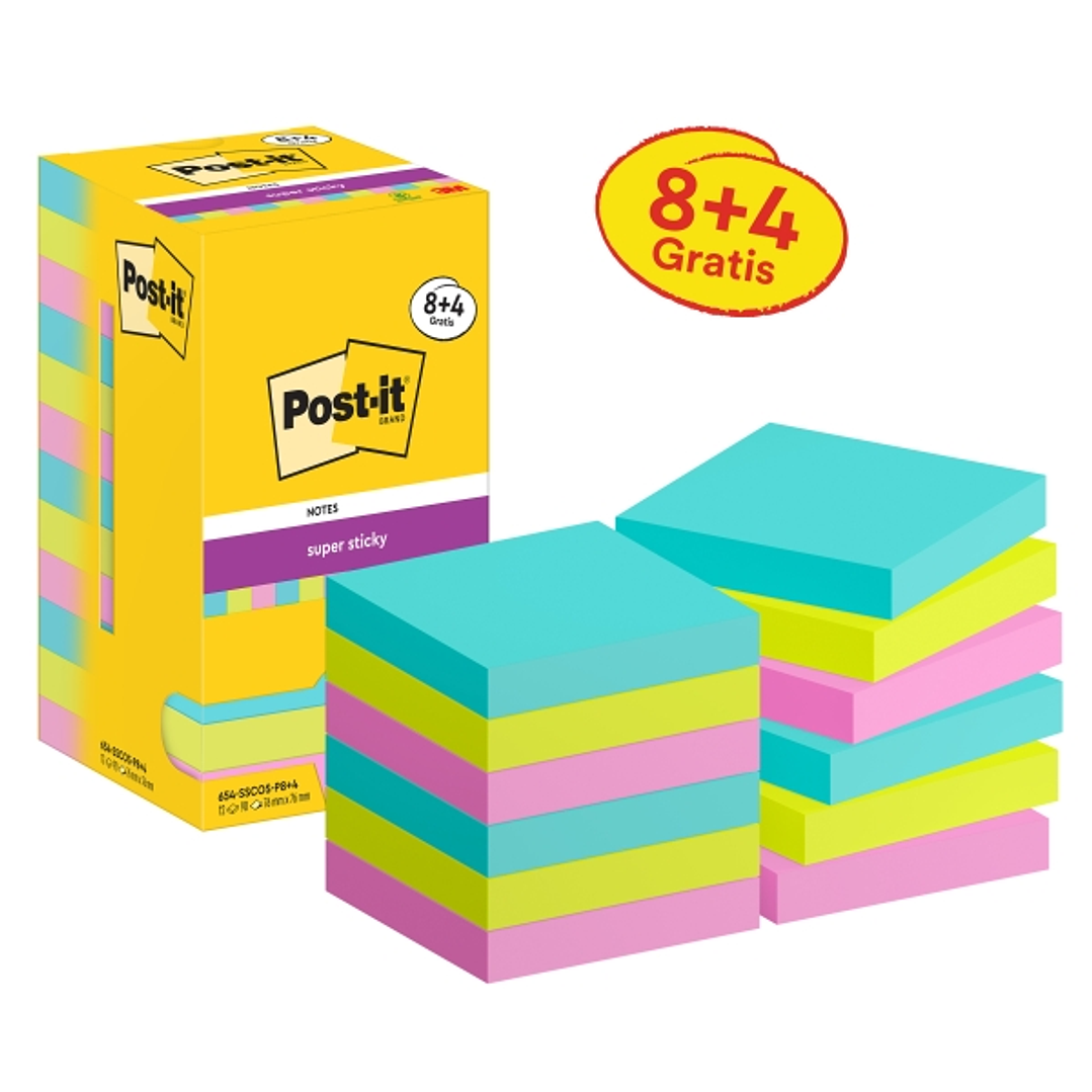 Post-It Super Sticky Pack de 12 Blocs de 90 Notas Adhesivas Reposicionables - Forma Cuadrada - 76x76mm - Colores Surtidos 1