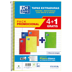Oxford School Classic Write&Erase Pack 4+1 Fº - Cuaderno Espiral - Tapa Extradura - 1 Linea con Margen - 80 Hojas - Colores Surtidos
