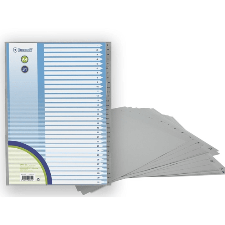 Bismark Indice Numerico con Pestañas del 1 al 31 - Multitaladro - Formato A4 - Fabricados en Polipropileno - Color Gris 1