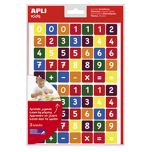 Apli Bolsa de Gomets Tematicos los Numeros - 210 Gomets en 3 Hojas - Adhesivo Removible - Aprendizaje de Numeros y Calculo Mental - Adhesivo Base Agua