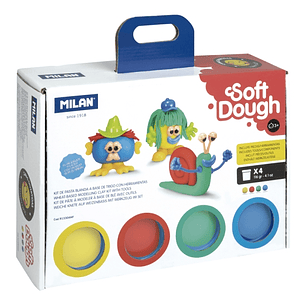 Milan Soft Dough Pack de 4 Botes de Pasta Blanda - Maletin con Herramientas - 116g por Unidad - 100% Vegetal - Moldeable - Sin Residuos - Colores Mezc