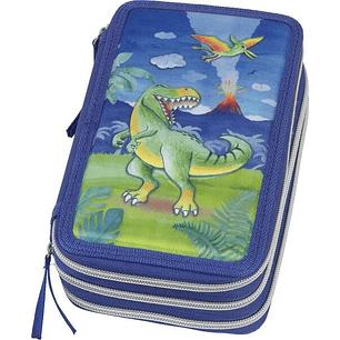 Faber-Castell Diseño Dinosaurio Estuche de 3 Pisos con Contenido de Serie: Goma de Borrar, Sacapuntas, Lapiz de Grafito HB, 2 Boligrafos (Azul y Rojo)