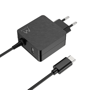 Ewent Cargador de Pared USB-C de 45W - Power Delivery - USB-A Extra - Cable de 1.5m - Proteccion Electrica - Color Negro
