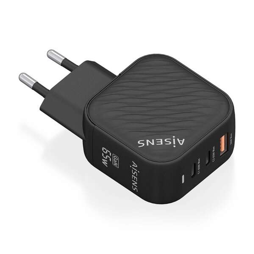 Aisens Cargador GAN 65W - 2xUSB-C PD3.0 QC4.0 - 1xUSB-A QC3.0 1