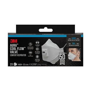 3M Aura Comfort Cool Flow Pack de 2 Mascarillas para Particulas FFP2 - Desechable - con Valvula - para Niveles Medios de Particulas - Color Blanco