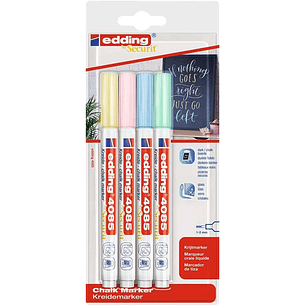 Edding 4085 Pastel Pack de 4 Rotuladores de Tiza Liquida - Punta Redonda - Trazo 1-3mm - Olor Neutro - Colores Azul, Verde, Amarillo y Rosa Pastel
