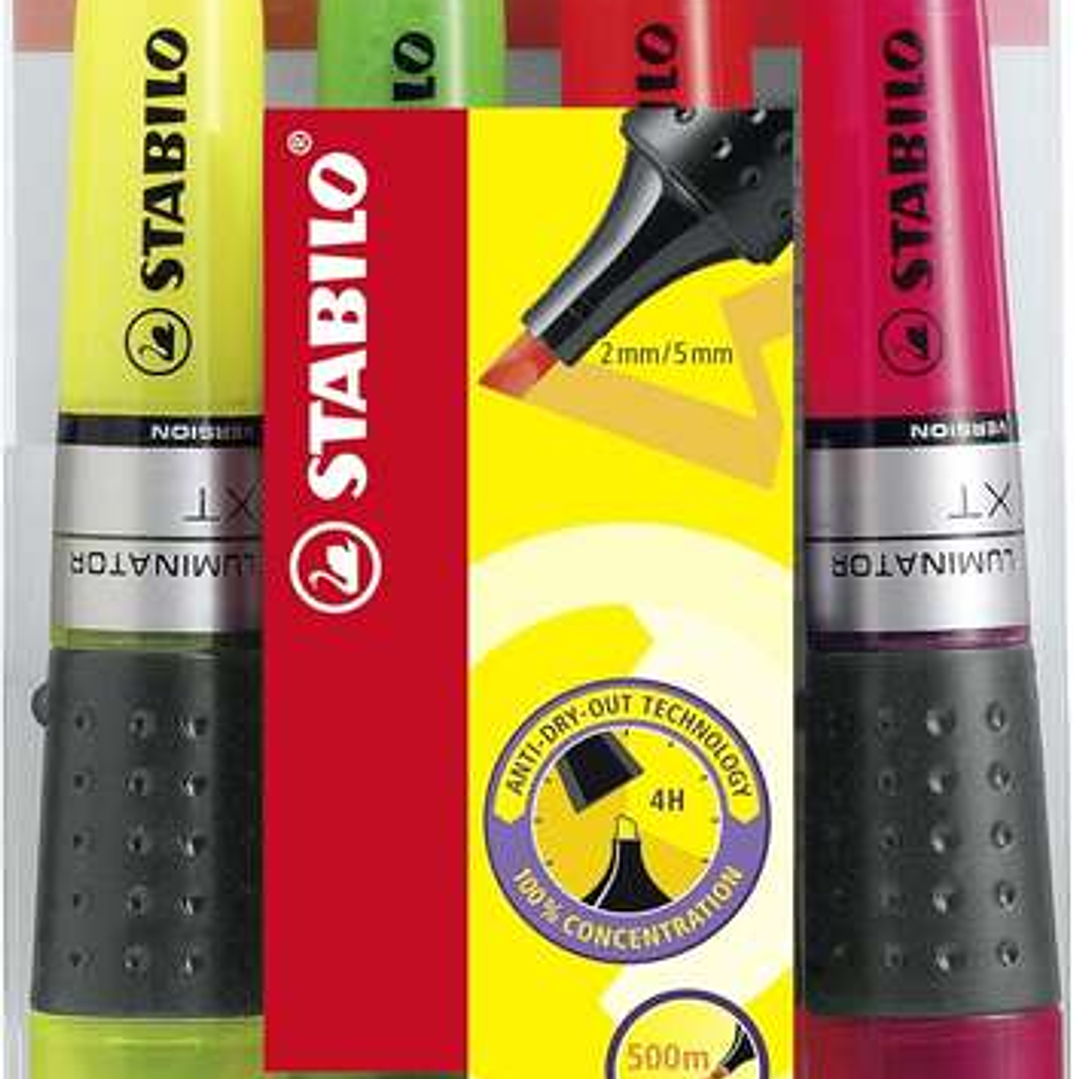 Stabilo Luminator Pack de 4 Marcadores Fluorescentes - Mayor Suministro de Tinta - Zona de Agarre - Trazo entre 2 y 5mm - Colores Verde, Amarillo, Ros 1
