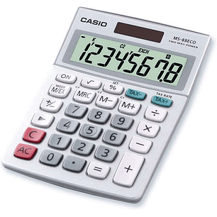 Casio MS88ECO Calculadora de Escritorio Financiera - Conversion de Moneda - Calculo de Impuestos - Pantalla LCD de 8 Digitos - Solar y Pilas