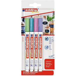 Edding 4085 Metalicos Pack de 4 Rotuladores de Tiza Liquida - Punta Redonda - Trazo 1-3mm - Olor Neutro - Colores Azul, Verde, Violeta y Rosa Metalico