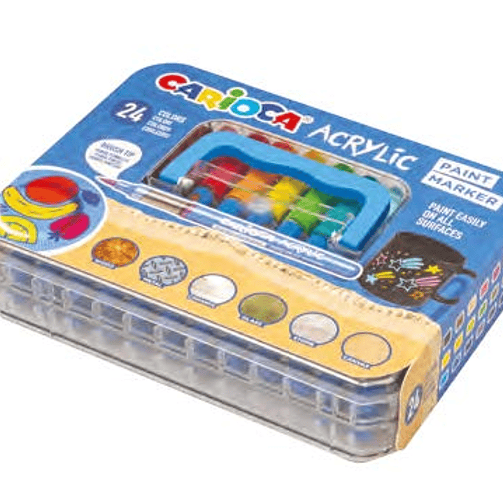 Carioca Acrylic Maleta de Plastico con 24 Marcadores de Pintura Acrilica - Punta Pincel - Tinta a Base de Agua - Alta Cobertura - Colores Surtidos 1