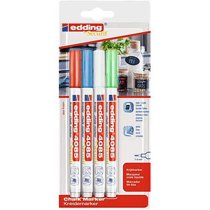 Edding 4085 Basicos Pack de 4 Rotuladores de Tiza Liquida - Punta Redonda - Trazo 1-3mm - Olor Neutro - Colores Blanco, Azul, Verde y Rojo