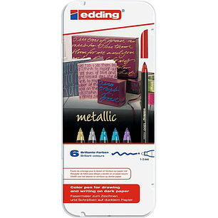 Edding 1200 Metallic Pack de 6 Rotuladores - Punta Redonda - Trazo 1mm - Tinta con Base de Agua - Colores Oro, Plata, Rojo, Azul, Violeta y Verde Meta
