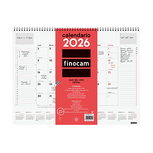 Finocam Vade Calendario de Sobremesa - Anual 2026 - con Espiral - 420x8x320mm - Mes Vista - Color Blanco y Rojo