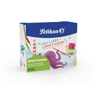 Pelikan Color Fusion Pack con 12 Rotuladores + 12 Lapices de Colores + 6 Botes de Tempera 25ml, Pincel y Recipiente para Agua