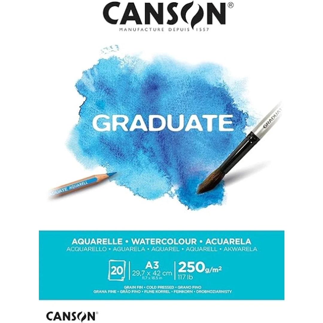Canson Graduate Acuarela Bloc Encolado de 20 Hojas A3 - 250g - Grano Fino - Color Blanco 1