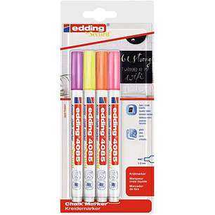 Edding 4085 Neon Pack de 4 Rotuladores de Tiza Liquida - Punta Redonda - Trazo 1-3mm - Olor Neutro - Colores Frambuesa, Amarillo, Naranja y Rosa Neon