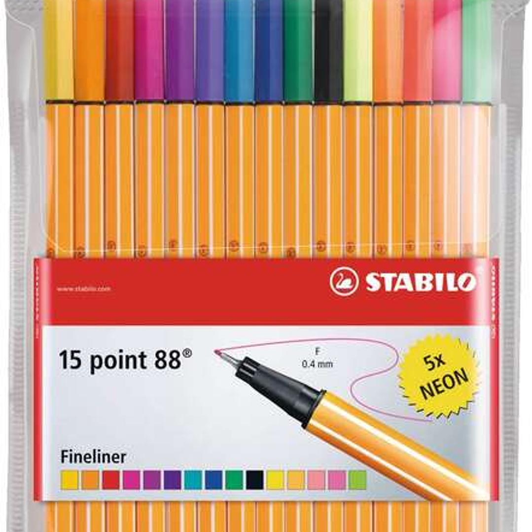 Stabilo Point 88 Pack de 15 Rotuladores de Punta Fina de Fibra - Trazo de 0.4 mm - Tinta con Base de Agua - 10 Colores Surtidos + 5 Neon 1