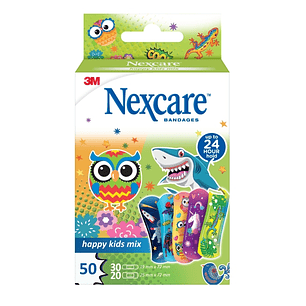 Nexcare Happy Kids Mix Pack de 50 Apositos Surtidos - Transpirables - para Pieles Delicadas - Color Estampado Infantil