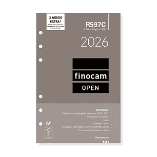 Finocam R597C Recambio Anual 2026 para Agendas Open 2026 en Catalan - Formato 500 - 117x11x181mm - 2 Dias por Pagina - Color Blanco