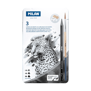 Milan Pack de 3 Lapices de Grafito Acuarelables Surtidos + Sacapuntas + Goma de Borrar + Pincel - Caja Metalica - Bandeja Interior - Color Gris Oscuro