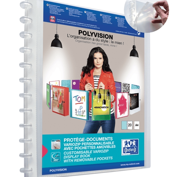 Oxford Polyvision Variozip A4+ Carpeta de 20 Fundas Removibles - Tapa de Plastico Personalizable - Organizacion y Proteccion para tus Documentos 1