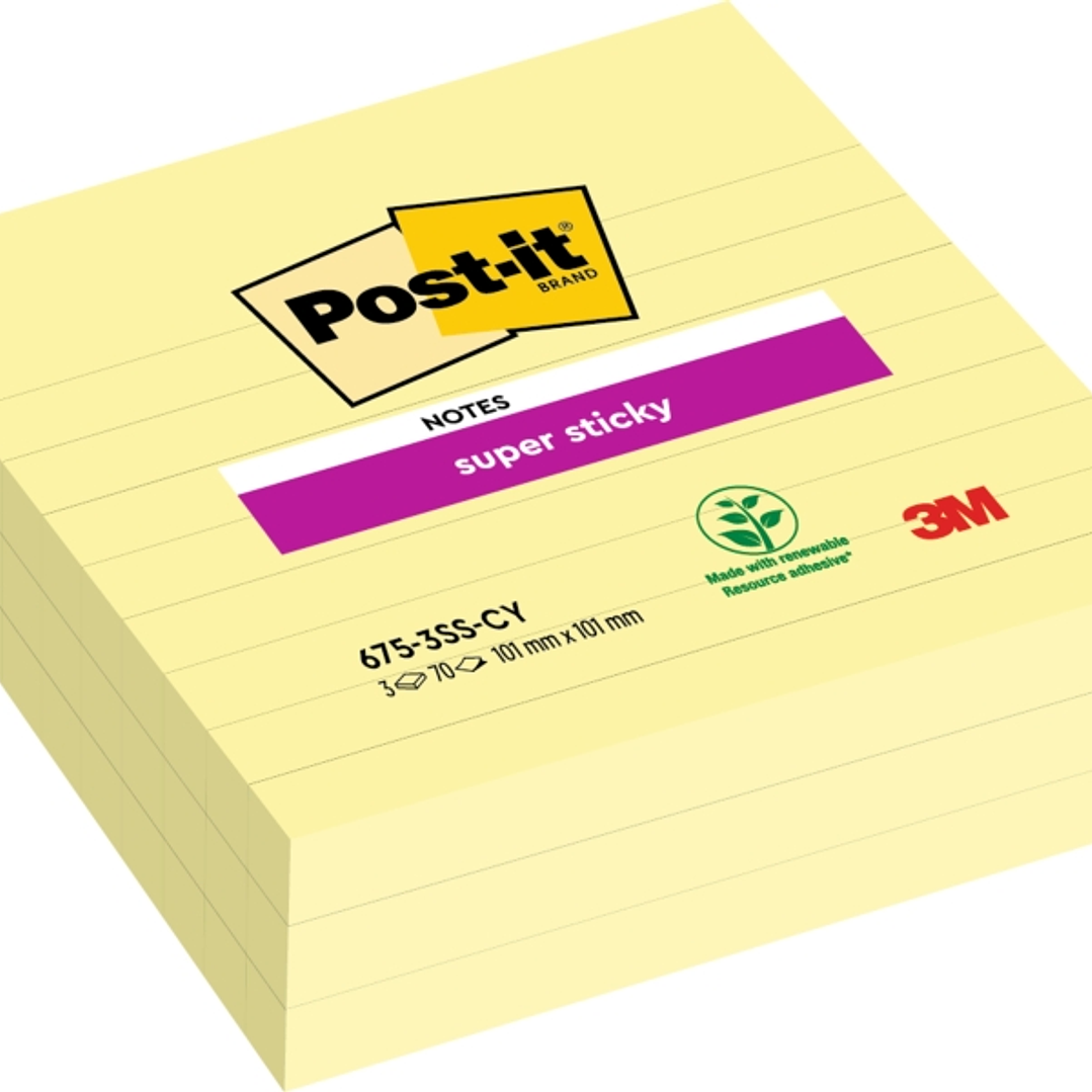 Post-It Super Sticky Pack de 3 Blocs de 70 Notas Grandes Adhesivas Reposicionables - 101x101mm - Color Amarillo Claro 1