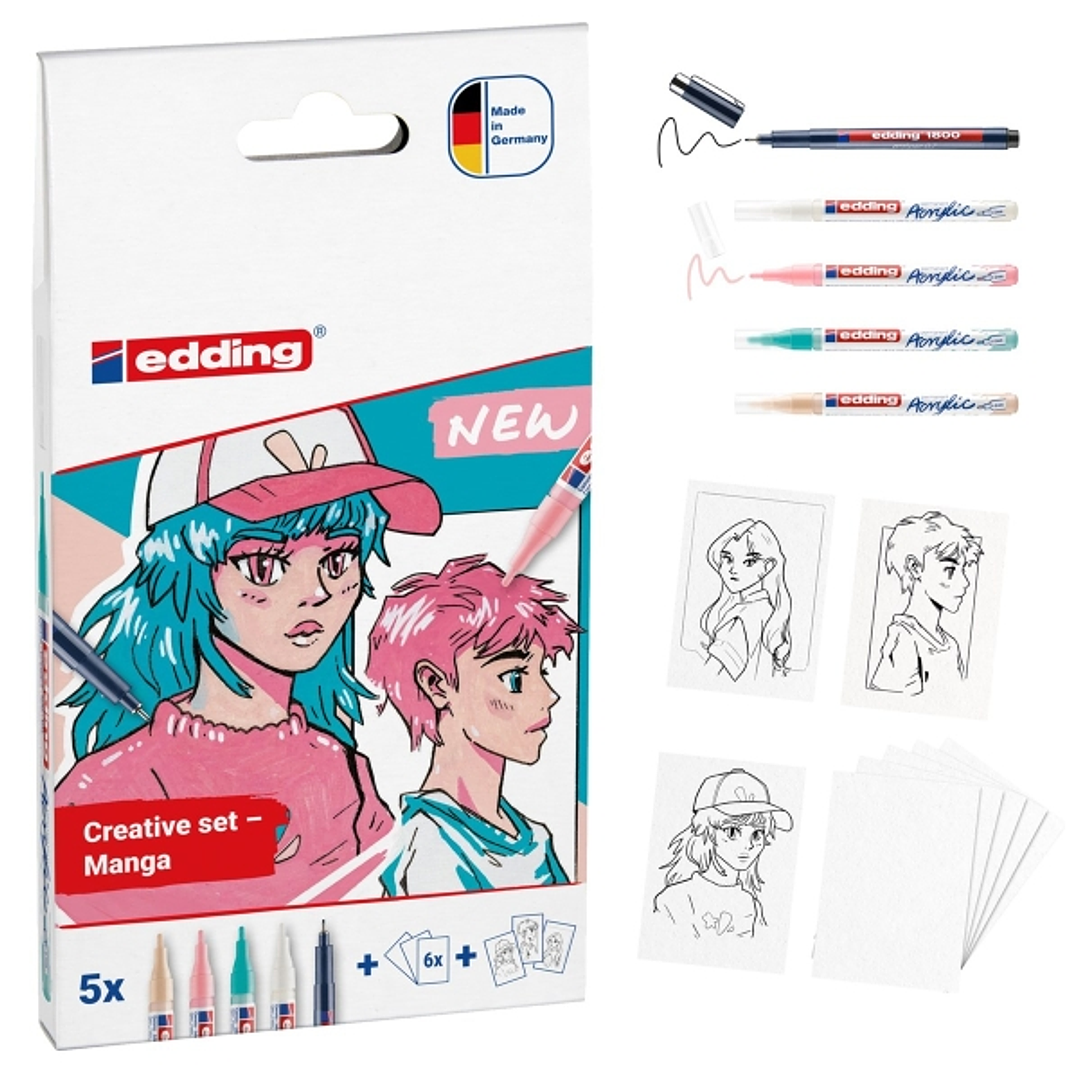 Edding Set Acrilico Manga Pack de 4 Rotuladores 5300 + 1 Rotulador 1800 + 6 Tarjetas en Blanco + 3 Plantillas + 1 Folleto con Instrucciones - Colores  1
