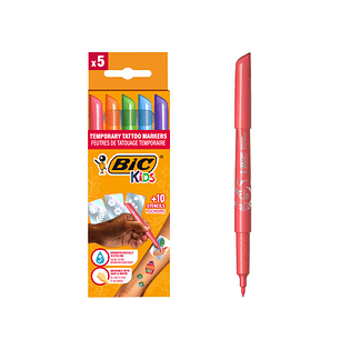 Bic Kids Tatuajes Pack de 5 Rotuladores + 10 Plantillas para Tatuajes Temporales - Tinta Dermatologicamente Testada y Sin Perfume - Colores Surtidos