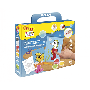 Jovi Play & Fun Kit Pinta con Arena Ocean con 8 Botes de Arena + 1 Punzon + 3 Laminas con Diseños de Animales Acuaticos - Colores Surtidos