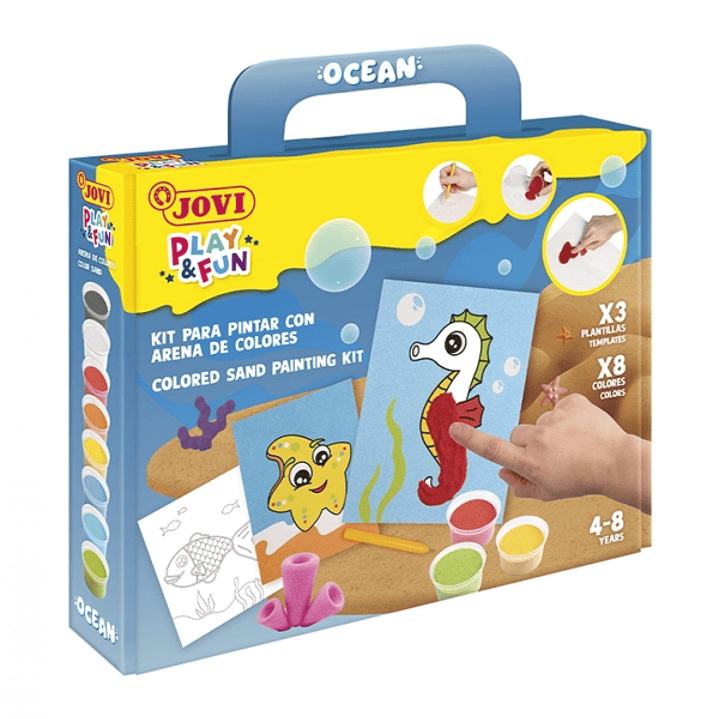 Jovi Play & Fun Kit Pinta con Arena Ocean con 8 Botes de Arena + 1 Punzon + 3 Laminas con Diseños de Animales Acuaticos - Colores Surtidos 1