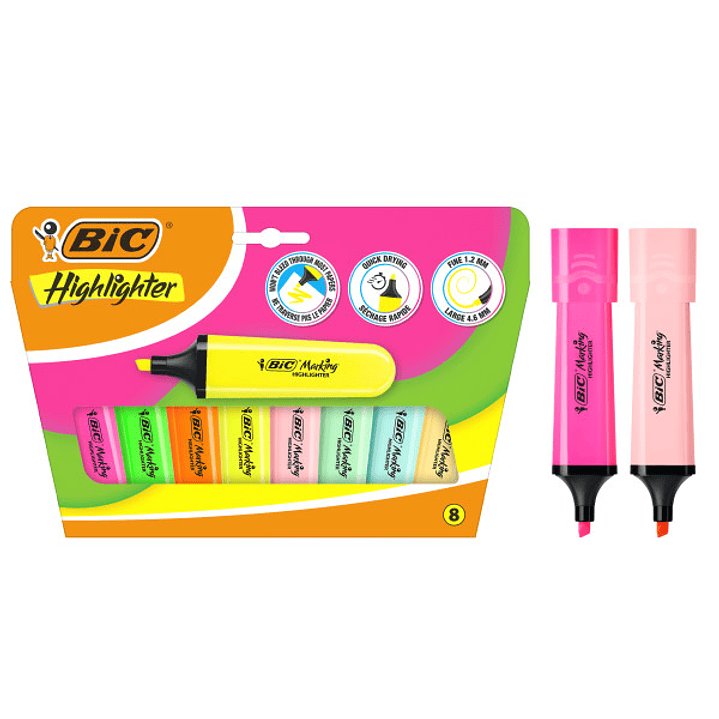 Bic Marking Highlighter Flat Pack de 8 Marcadores Fluorescentes - Punta Biselada - Trazo entre 1.20 y 4.60 mm - Tinta con Base de Agua - Color Surtido 1