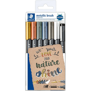 Staedtler Metallic Brush Pack de 7 Rotuladores Punta de Pincel - Tinta Base de Agua - Trazo 1 - 6mm Aprox - Colores Surtidos