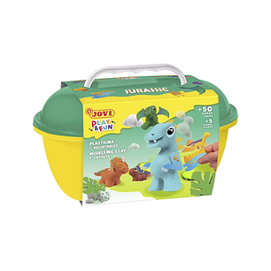 Jovi Play & Fun Cofre Jurassic con 24 Barras de Plastilina 15gr + Modeladores + Recortables - Sin Gluten - Base Vegetal - No se Seca - Colores Surtido