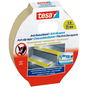 Tesa Anti-Slip Tape Cinta Antideslizante Adhesiva Fluorescente 5mx25mm - Fuerte Adhesion - Se Puede Cortar a Mano - Color Amarillo Fluorescente