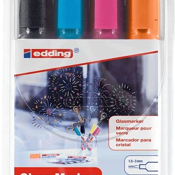 Edding 95 Pack de 4 Rotuladores para Cristal - Punta Redonda - Trazo 1.5-3mm - Colores Negro, Naranja, Rosa y Azul 1