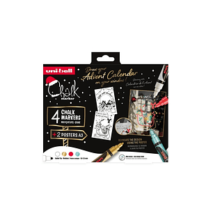 Uni-ball Chalk Colores Navidad Pack de 4 Marcadores de Tiza Liquida + Posters - Punta Conica 1.8-2.5mm - Borrado en Humedo - Resistente a la Lluvia - 