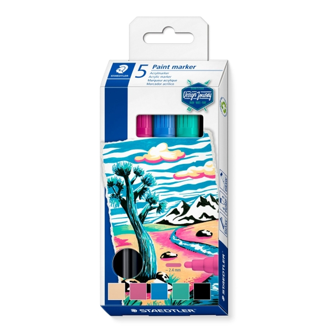 Staedtler Lumocolor 349 Pack con 5 Marcadores Acrilicos Permanentes - Trazo 2.4 mm aprox. - Tinta Base de Agua - Colores Surtidos 1