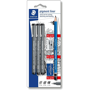 Staedtler Pigment Liner 308 Pack de 3 Rotuladores Calibrados Negros, Trazos Surtidos + 1 Goma de Borrar + 1 Sacapuntas + 1 Lapiz 2B - Color Negro
