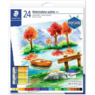 Staedtler Pack de 24 Tubos de Acuarela 12ml - Colores Brillantes  - Usar en Papel Acuarela o Cartulina - Colores Surtidos